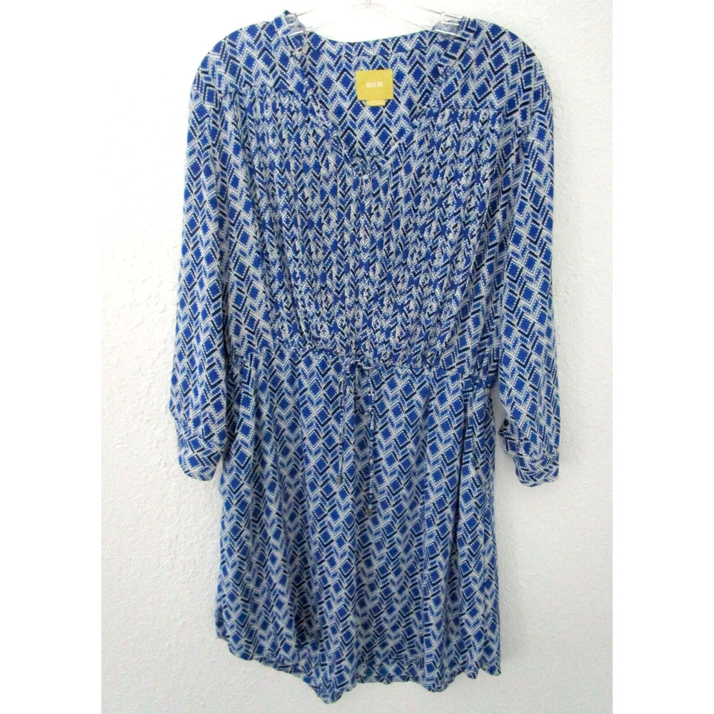 Maeve Dress Women's Size Medium Gathered Waist Pleated Bodice Blue White Pockets